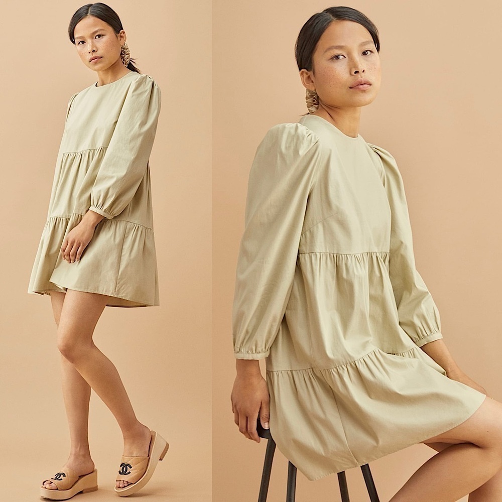 REFORMATION Sage Cotton Puff Long Sleeve Tier Ruffle 90s Babydoll Mini Dress XS‎